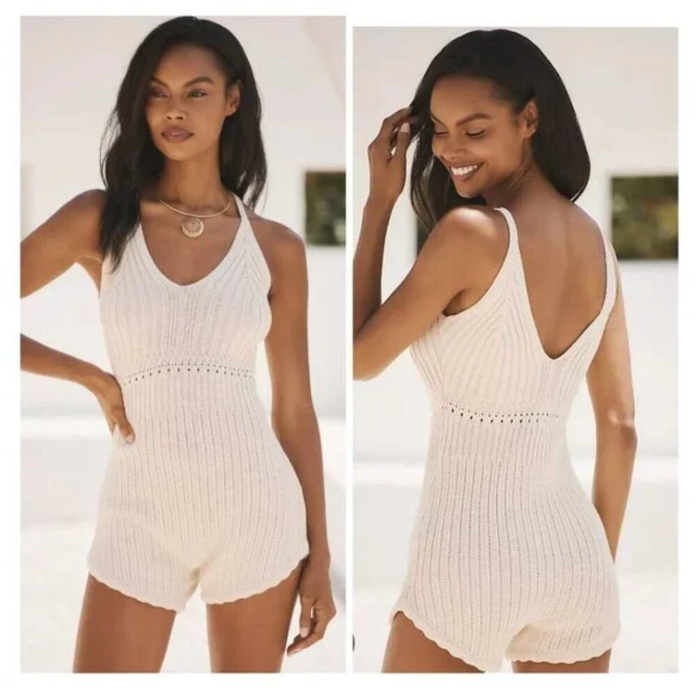 Anthropologie Cream Knit Romper - Sleeveless V-Neck